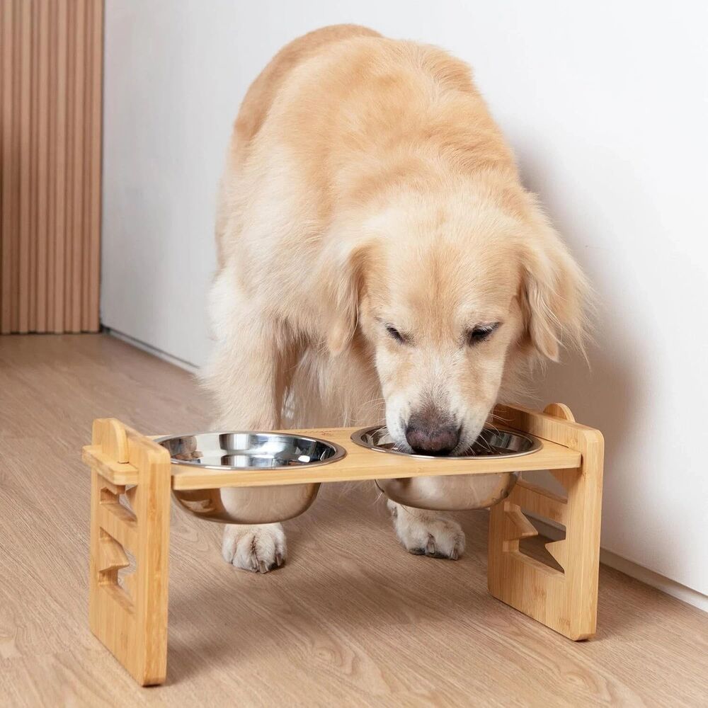 Bamboo Elevated Dog Bowl Stand with Stainless Steel Bowls - Picture 6 of 7